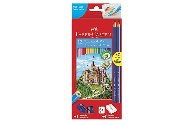 LAPIS DE COR 12 CORES ECOLAPIS  KIT COM APONTADOR, BORRACHA E 2 LAPIS FABER CASTELL