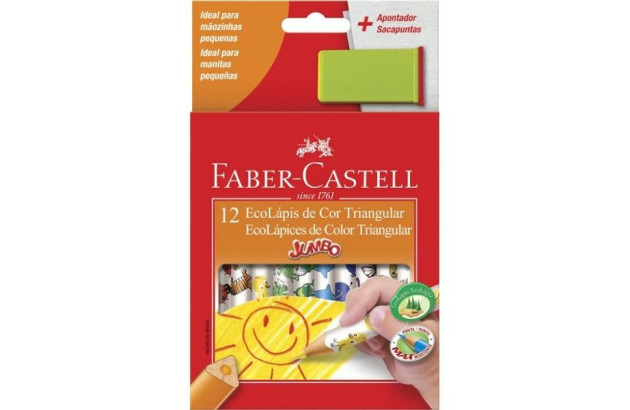 LAPIS DE COR 12 CORES JUMBO TRIANGULAR ECOLAPIS COM APONTADOR FABER CASTELL