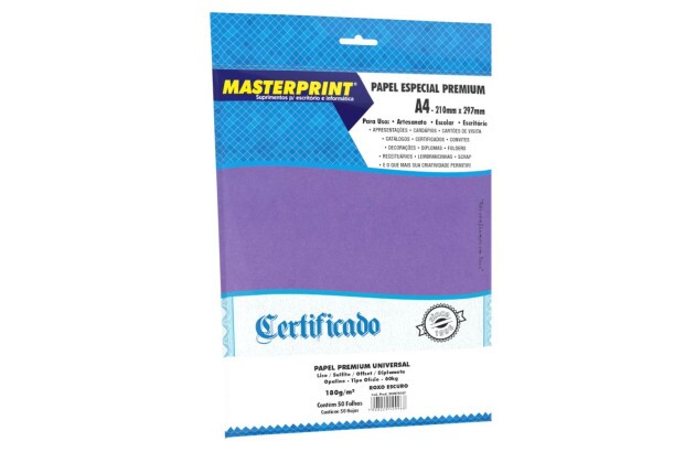 PAPEL DIPLOMATA LISO OFFSET ROXO ESCURO 180G 60KG A4 50 FOLHAS SULFITE, JATO DE TINTA | MASTERPRINT