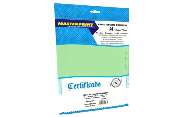 PAPEL DIPLOMATA LISO OFFSET VERDE 180G 60KG A4 50 FOLHAS SULFITE, JATO DE TINTA | MASTERPRINT