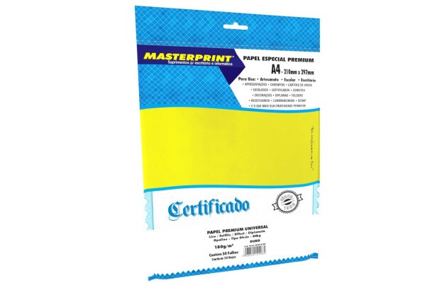 PAPEL DIPLOMATA LISO OFFSET OURO 180G 60KG A4 50 FOLHAS SULFITE, JATO DE TINTA | MASTERPRINT