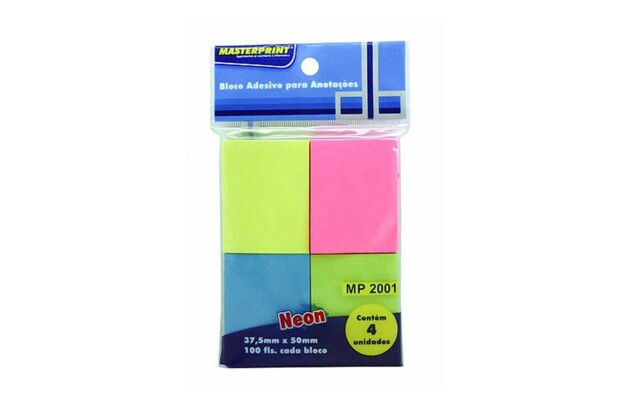 BLOCO ADESIVO 38X50MM 100F COLORIDO NEON MASTERPRINT