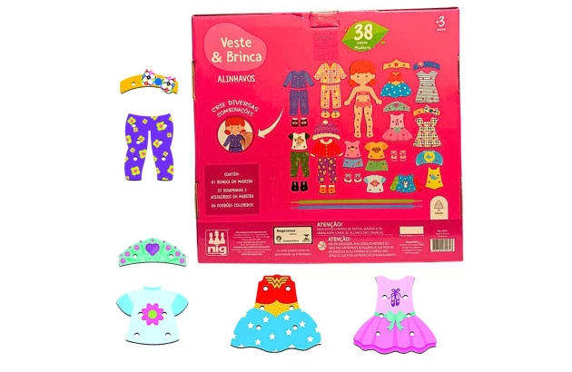 BRINQUEDO EDUCATIVO ALINHAVOS VESTE & BRINCA 38 PCS DE MADEIRA