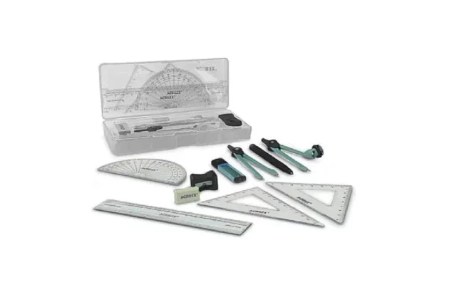 CONJUNTO PARA DESENHO GEOMÉTRICO 10PEÇAS | COMPASSO RÉGUAS TRANSFERIDOR 180° BORRACHA ESQUADRO