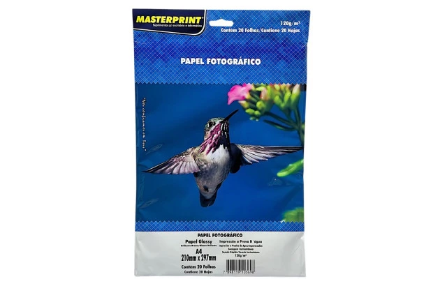 PAPEL FOTOGRÁFICO GLOSSY 120G/M² A4 20 FOLHAS BRANCO  - IMPRESSÃO JATO DE TINTA | MASTERPRINT