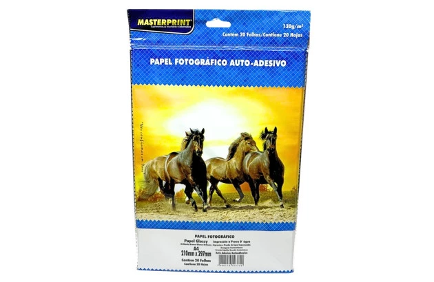 PAPEL FOTOGRÁFICO AUTO ADESIVO GLOSSY 130G/M² A4 20 FOLHAS BRANCO - JATO DE TINTA | MASTERPRINT