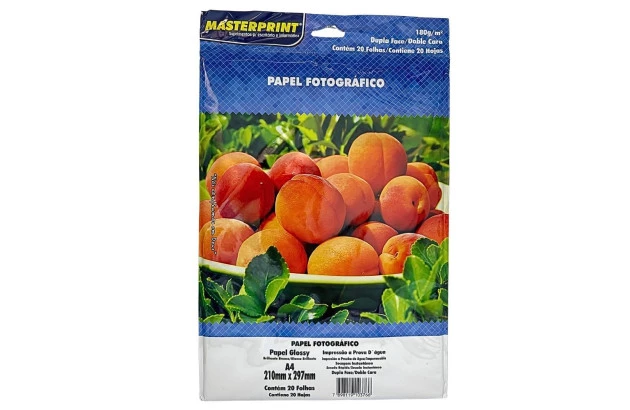 PAPEL FOTOGRÁFICO DUPLA FACE GLOSSY 180G/M² A4 20 FOLHAS BRANCO  - JATO DE TINTA | MASTERPRINT