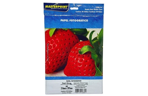 PAPEL FOTOGRÁFICO DUPLA FACE GLOSSY 220G/M² A4 20 FOLHAS BRANCO  - JATO DE TINTA | MASTERPRINT