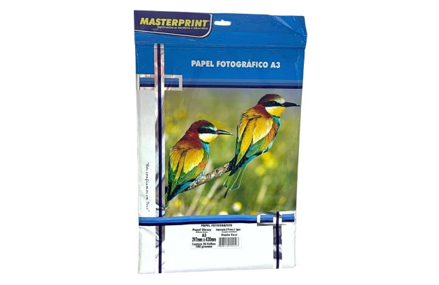 PAPEL FOTOGRÁFICO DUPLA FACE GLOSSY 180G/M² A3 20 FOLHAS BRANCO  - JATO DE TINTA | MASTERPRINT