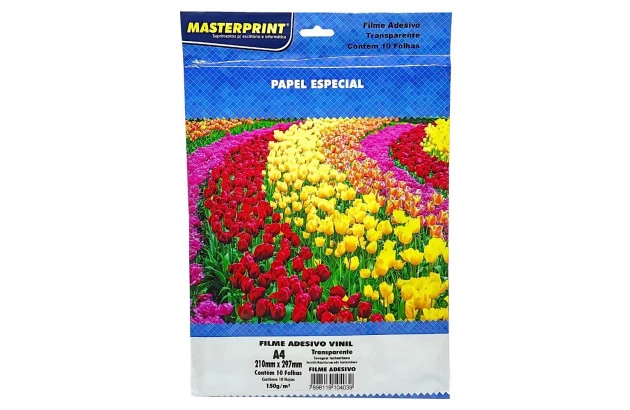 PAPEL ADESIVO VINIL TRANSPARENTE 150G/M² A4 10 FOLHAS FILME PROVA D'AGUA - IMPRESSÃO JATO DE TINTA |