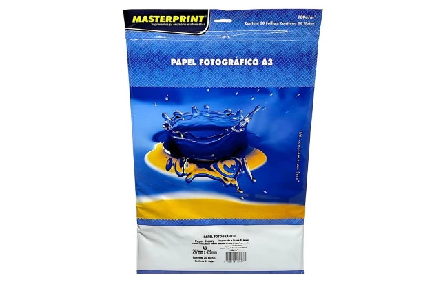 PAPEL FOTOGRÁFICO GLOSSY 180G/M² A3 20 FOLHAS BRANCO  - IMPRESSÃO JATO DE TINTA | MASTERPRINT