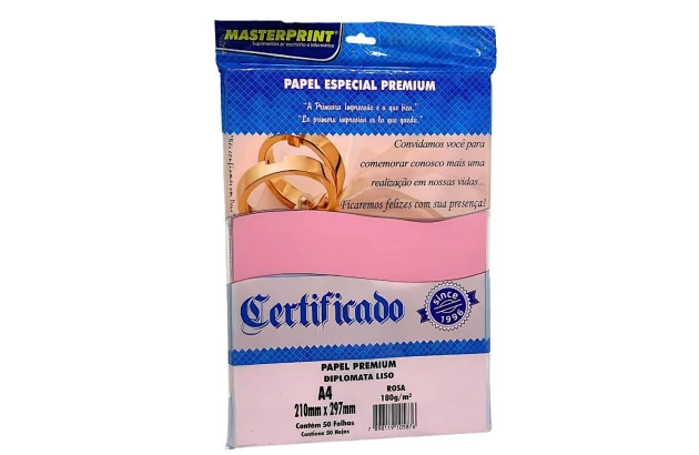 PAPEL DIPLOMATA LISO OFFSET ROSA 180G 60KG A4 50 FOLHAS  SULFITE, JATO DE TINTA | MASTERPRINT