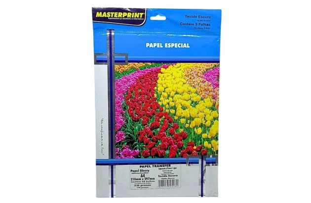 PAPEL TRANSFER GLOSSY TECIDO ESCURO 235G/M² A4 5 FOLHAS BRANCO - JATO DE TINTA | MASTERPRINT