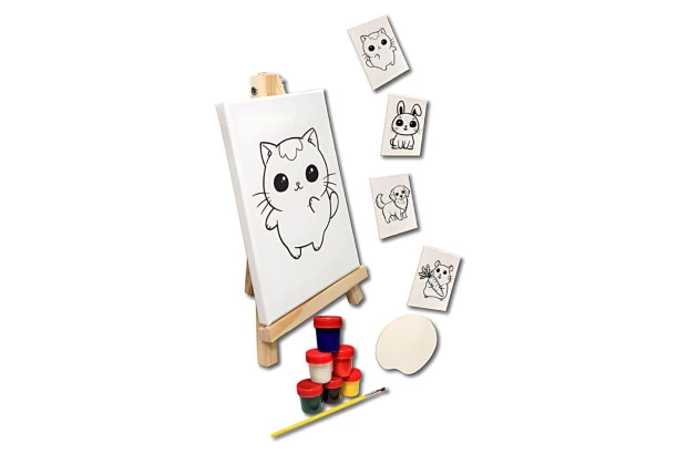KIT TELAS PARA PINTURA INFANTIL 4 TELAS PINTURA RISCADAS,  CAVALETE, PINCEL E GUACHE | STALO