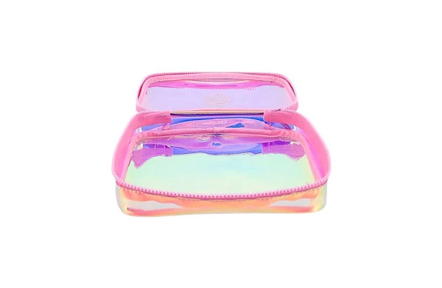 ESTOJO BOX ORGANIZADOR HOLOGRÁFICO ROSA 21CM X 5CM X 15CM EM PVC