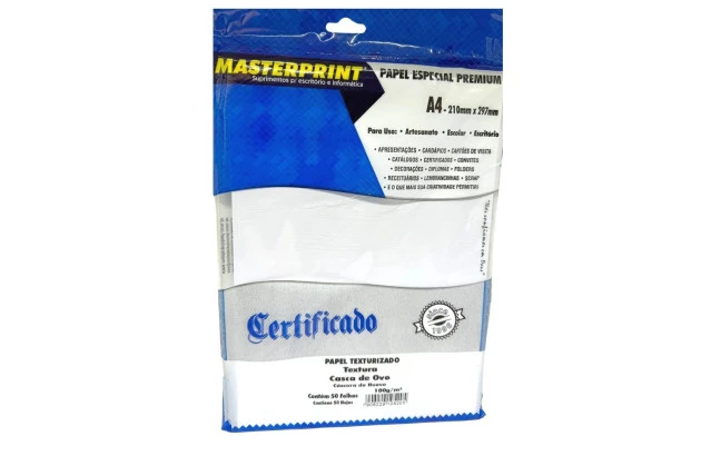 PAPEL CASCA DE OVO BRANCO 180G/M² A4 50 FOLHAS TEXTURIZADO - JATO DE TINTA E LASER | MASTERPRINT