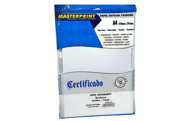 PAPEL LINHO BRANCO 180G/M² A4 50 FOLHAS TEXTURIZADO - JATO DE TINTA E LASER | MASTERPRINT
