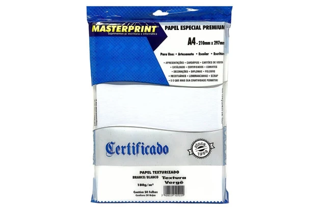 PAPEL VERGÊ BRANCO 180G/M² A4 50 FOLHAS TEXTURIZADO - JATO DE TINTA E LASER | MASTERPRINT