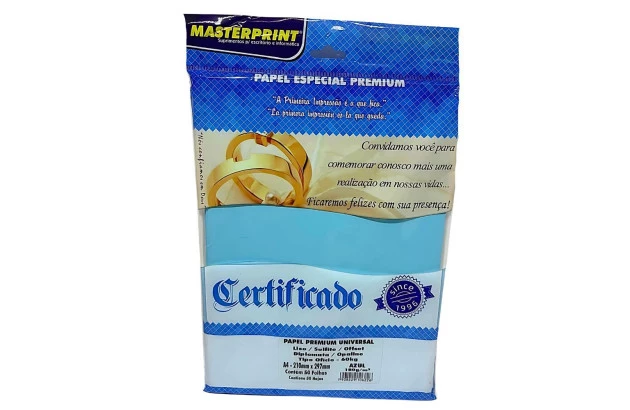 PAPEL DIPLOMATA LISO OFFSET AZUL 180G 60KG A4 50 FOLHAS  SULFITE, JATO DE TINTA | MASTERPRINT