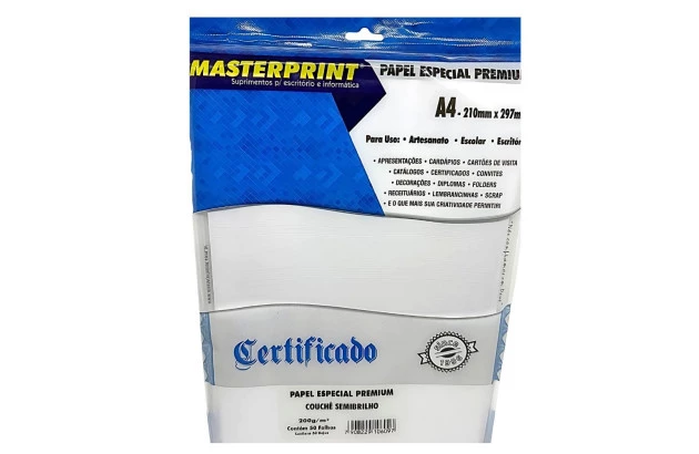 PAPEL COUCHE SEMI BRILHO BRANCO 200G/M² A4 50 FOLHAS - JATO DE TINTA E LASER | MASTERPRINT