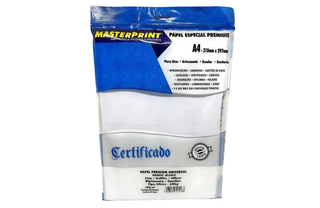 PAPEL DIPLOMATA LISO OFFSET BRANCO 180G 60KG A4 50 FOLHAS SULFITE, JATO DE TINTA | MASTERPRINT