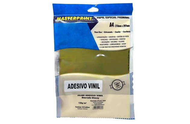 PAPEL ADESIVO VINIL DOURADO 135G/M² A4 10 FOLHAS FILME PROVA D'AGUA - JATO DE TINTA | MASTERPRINT