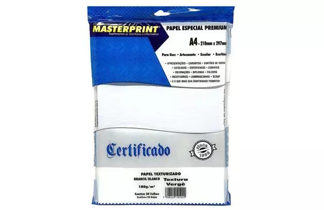 PAPEL VERGÊ BRANCO 180G/M² A4 50 FOLHAS TEXTURIZADO - JATO DE TINTA E LASER | MASTERPRINT