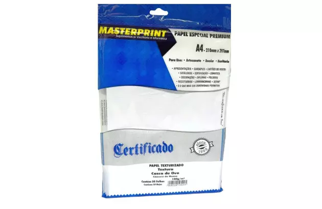PAPEL CASCA DE OVO BRANCO 180G/M² A4 50 FOLHAS TEXTURIZADO - JATO DE TINTA E LASER | MASTERPRINT