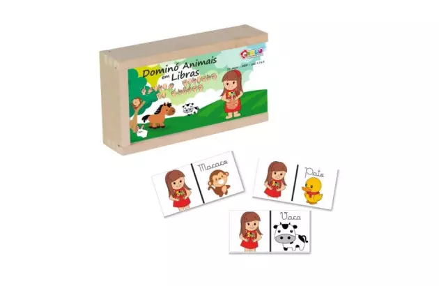 BRINQUEDO DOMINO ANIMAIS LIBRAS 28 PEÇAS MDF + 3 ANOS 1769 CARLU
