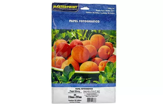 PAPEL FOTOGRÁFICO DUPLA FACE GLOSSY 180G/M² A4 20 FOLHAS BRANCO  - JATO DE TINTA | MASTERPRINT
