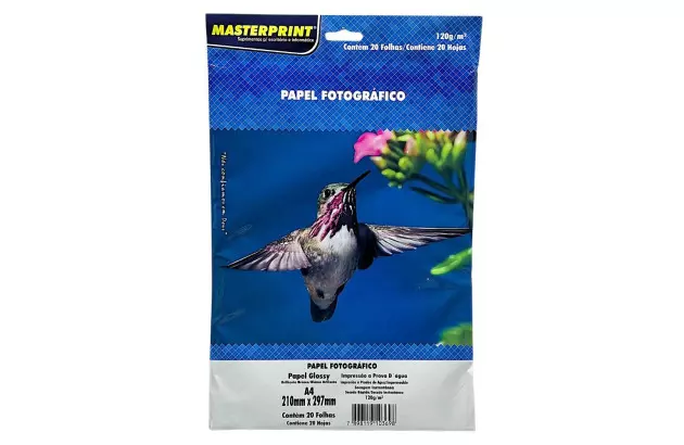 PAPEL FOTOGRÁFICO GLOSSY 120G/M² A4 20 FOLHAS BRANCO  - IMPRESSÃO JATO DE TINTA | MASTERPRINT