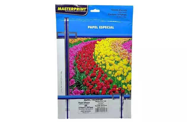 PAPEL TRANSFER GLOSSY TECIDO ESCURO 235G/M² A4 5 FOLHAS BRANCO - JATO DE TINTA | MASTERPRINT