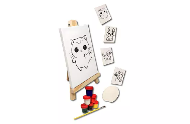 KIT TELAS PARA PINTURA INFANTIL 4 TELAS PINTURA RISCADAS,  CAVALETE, PINCEL E GUACHE | STALO