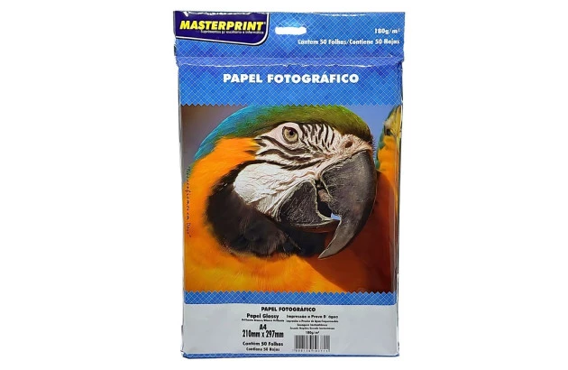 PAPEL FOTOGRÁFICO GLOSSY 180G/M² A4 50 FOLHAS BRANCO  - IMPRESSÃO JATO DE TINTA | MASTERPRINT