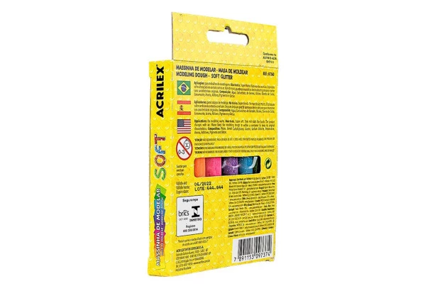 MASSA DE MODELAR 6 CORES GLITTER SOFT 90G NÃO TÓXICA ACRILEX 7360