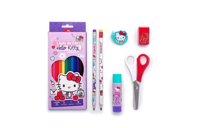 KIT ESCOLAR HELLO KITTY LÁPIS DE COR 12 CORES LEO&LEO - 71616