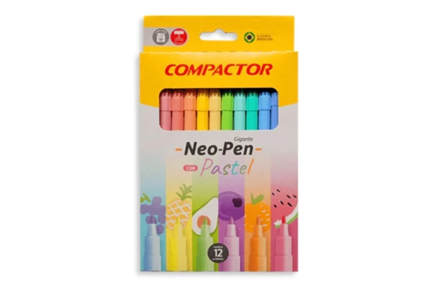HIDROCOR 12 CORES PASTEL NEO-PEN GIGANTE PONTA MÉDIA LAVÁVEL - COMPACTOR