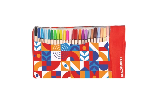 ESTOJO DE CANETAS MICROLINE 24 UNIDADES ROLLERSET TECIDO VERMELHO - COMPACTOR