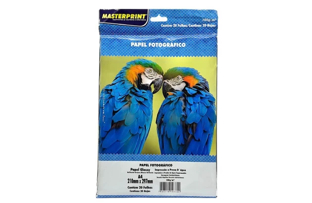 PAPEL FOTOGRÁFICO GLOSSY 180G/M² A4 20 FOLHAS BRANCO  - IMPRESSÃO JATO DE TINTA | MASTERPRINT