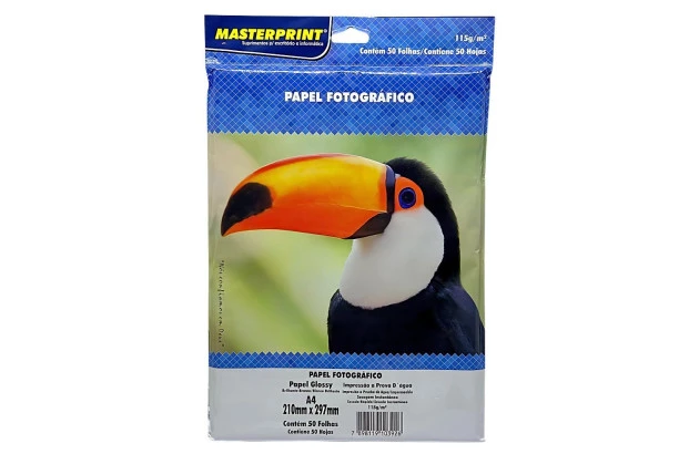 PAPEL FOTOGRÁFICO GLOSSY 115G/M² A4 50 FOLHAS BRANCO  - IMPRESSÃO JATO DE TINTA | MASTERPRINT