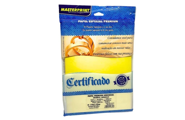 PAPEL DIPLOMATA LISO OFFSET AMARELO 180G 60KG A4 50 FOLHAS  SULFITE, JATO DE TINTA | MASTERPRINT