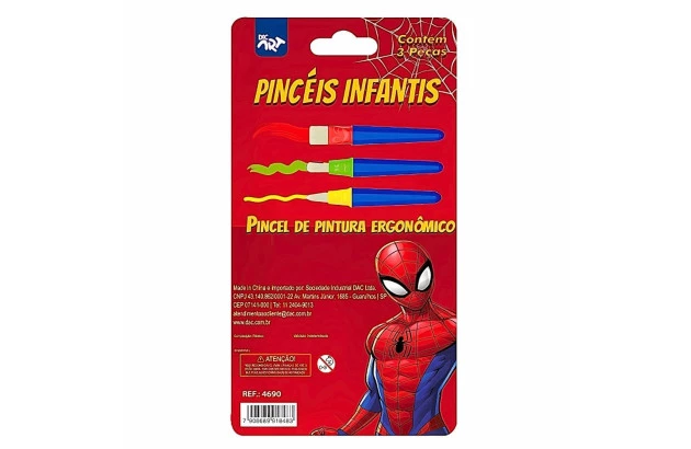 PINCEL DE PINTURA INFANTIL HOMEM ARANHA 3 UND ERGONÔMICO | PONTA FINA, ARREDONDADA E RETA - INCLUSÃO