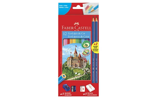 LAPIS DE COR 12 CORES ECOLAPIS  KIT COM APONTADOR, BORRACHA E 2 LAPIS FABER CASTELL