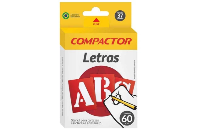 STENCIL LETRAS E NÚMEROS VAZADAS ABC 60MM PARA CARTAZES E ARTESANATO - COMPACTOR