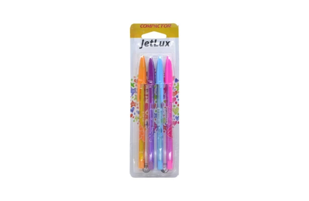 CANETA ESFEROGRAFICA 1.0 COMPACTOR JET LUX BLISTER 4 UNDS LR/ VI/ AZ TUR/ PUR