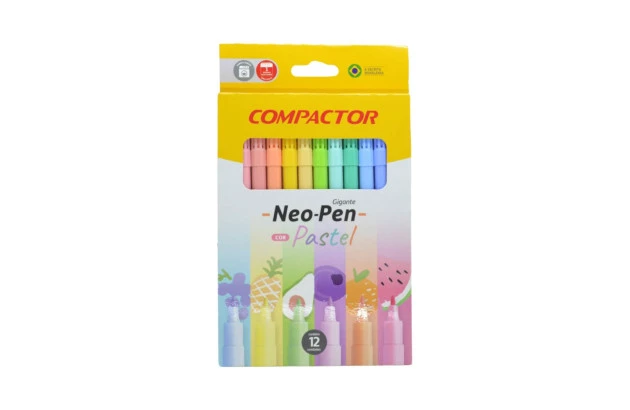 HIDROCOR 12 CORES PASTEL NEO-PEN GIGANTE PONTA MÉDIA LAVÁVEL - COMPACTOR