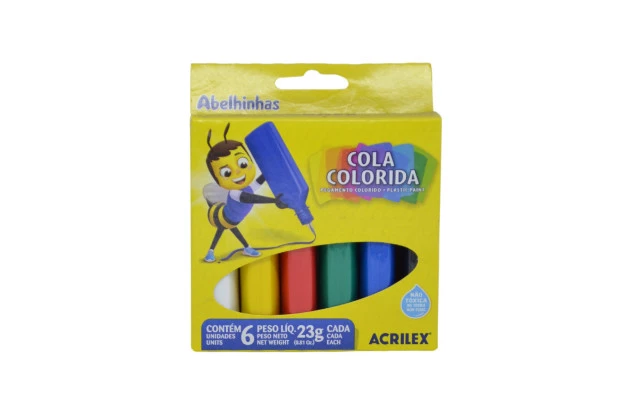 COLA COLORIDA 6 CORES 23G CADA TUBINHO - NÃO TÓXICO | ACRILEX ABELHINHA 2606