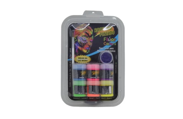 KIT TINTA FACIAL 6 CORES NEON FLUORESCENTE 15ML E 1 GLITTER - ROSTINHO PINTADO 1081