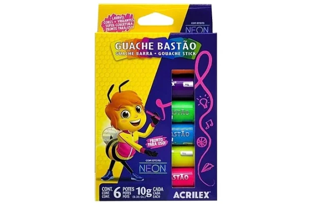 TINTA GUACHE EM BASTÃO 6 CORES NEON 10G ACRILEX 2008
