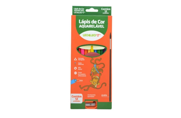 LÁPIS DE COR 12 CORES AQUARELÁVEL COM PINCEL LEO&LEO